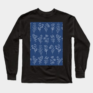 Poppy Dainty Line Flower Pattern On Navy Blue Long Sleeve T-Shirt